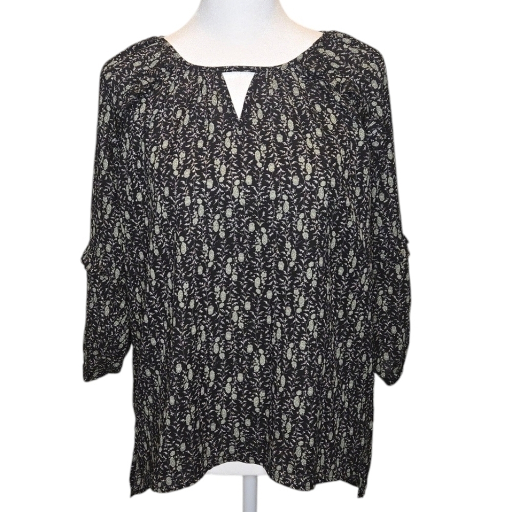 NWOT Beacon Apparel 3/4 Length Sleeve Ruffled Top Navy/Green Size XS